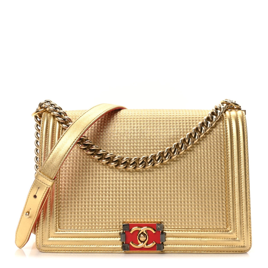 Metallic Lambskin Embossed New Medium Cube Boy Flap Gold