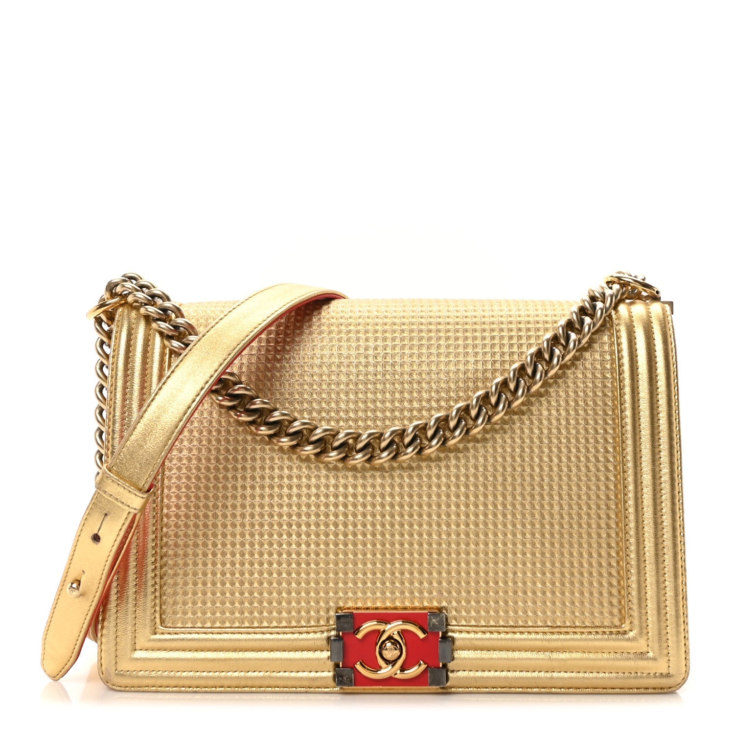 Metallic Lambskin Embossed New Medium Cube Boy Flap Gold