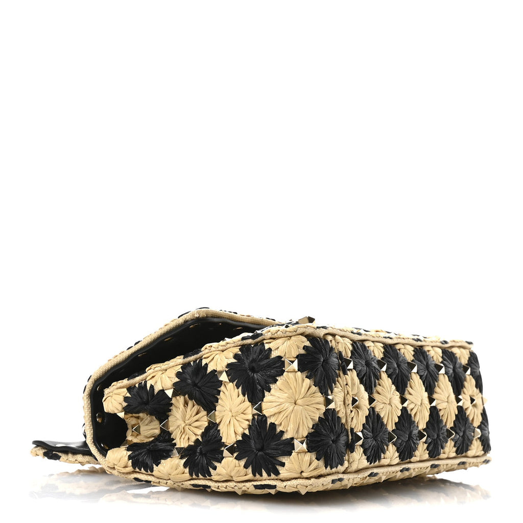 Raffia Embroidered Checkered Small Rockstud Spike Shoulder Bag Natural Black