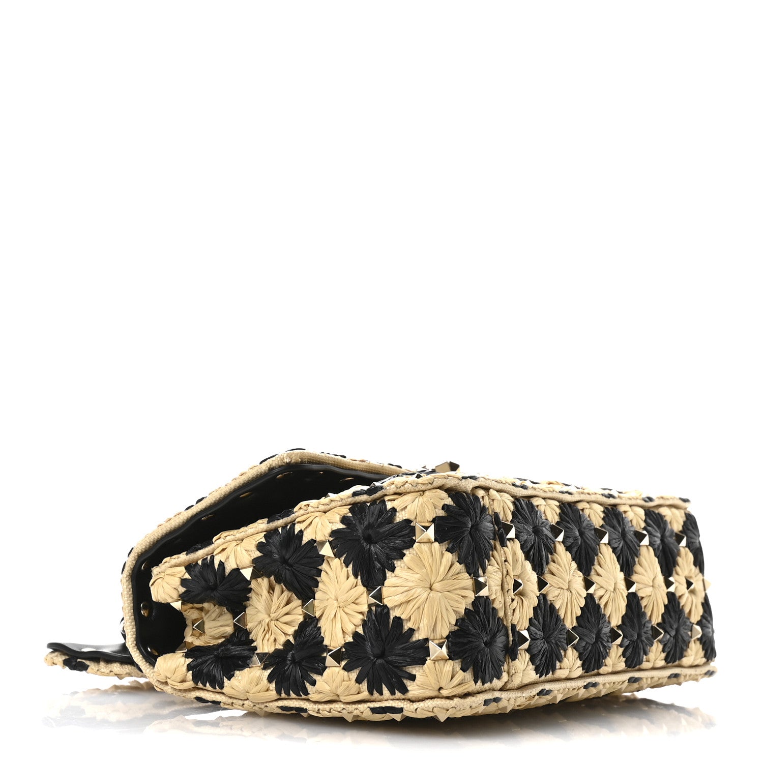 Raffia Embroidered Checkered Small Rockstud Spike Shoulder Bag Natural Black
