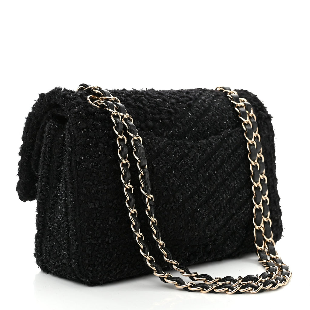 Tweed Sequin Patchwork Medium Double Flap Black