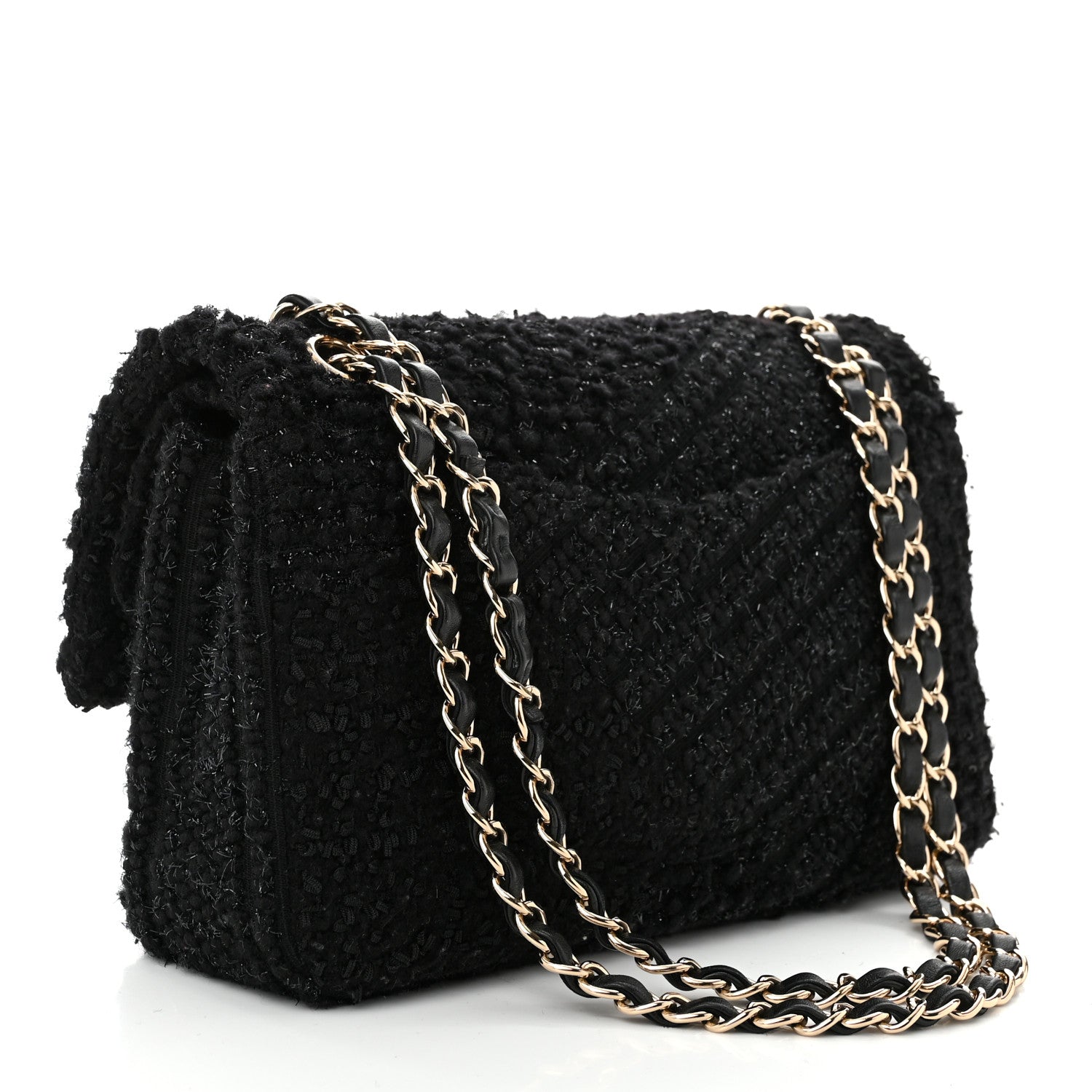 Tweed Sequin Patchwork Medium Double Flap Black