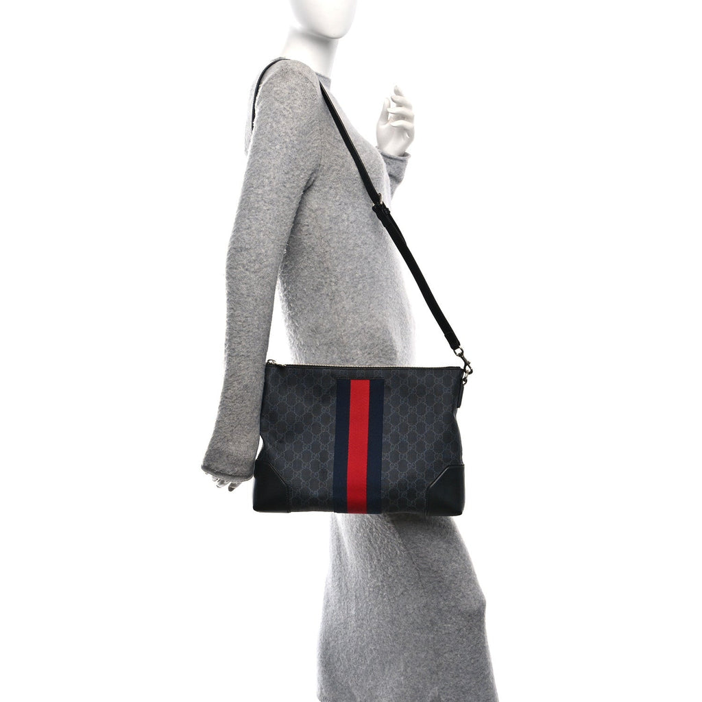 Soft GG Supreme Monogram Appia Calfskin Web East West Messenger Bag Black Grey