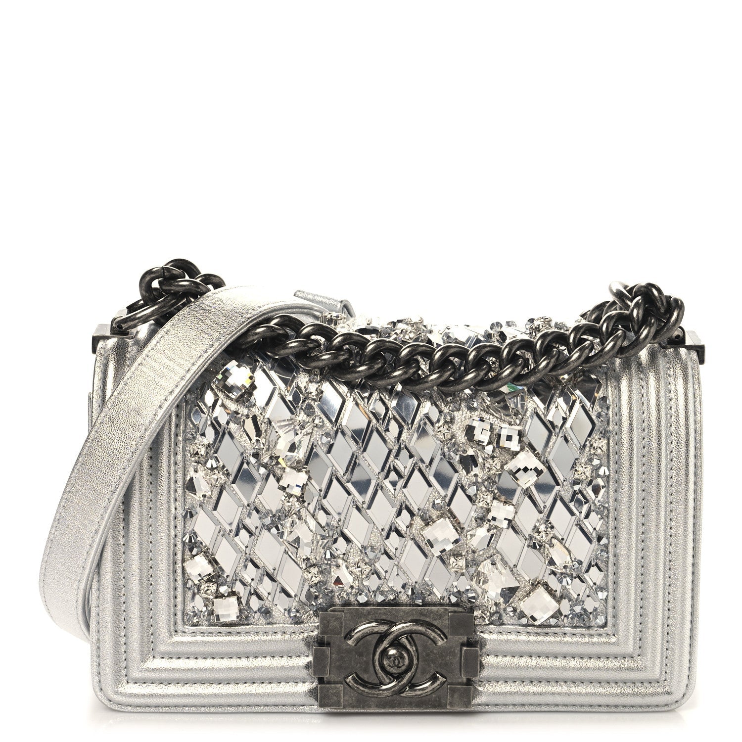 Metallic Calfskin Crystal Embroidered Small Boy Flap Silver