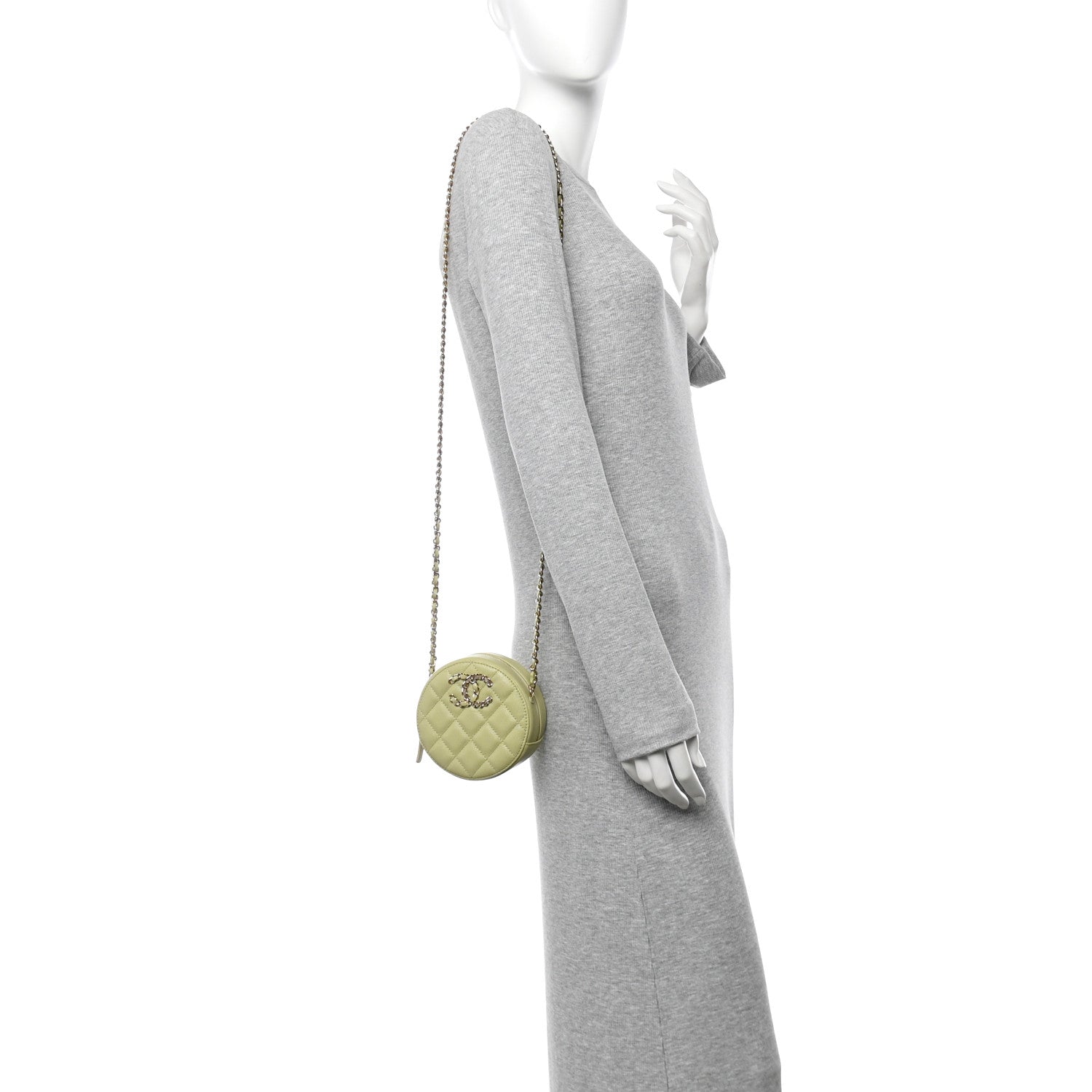 Caviar Quilted French New Wave Round Clutch With Chain Light Green