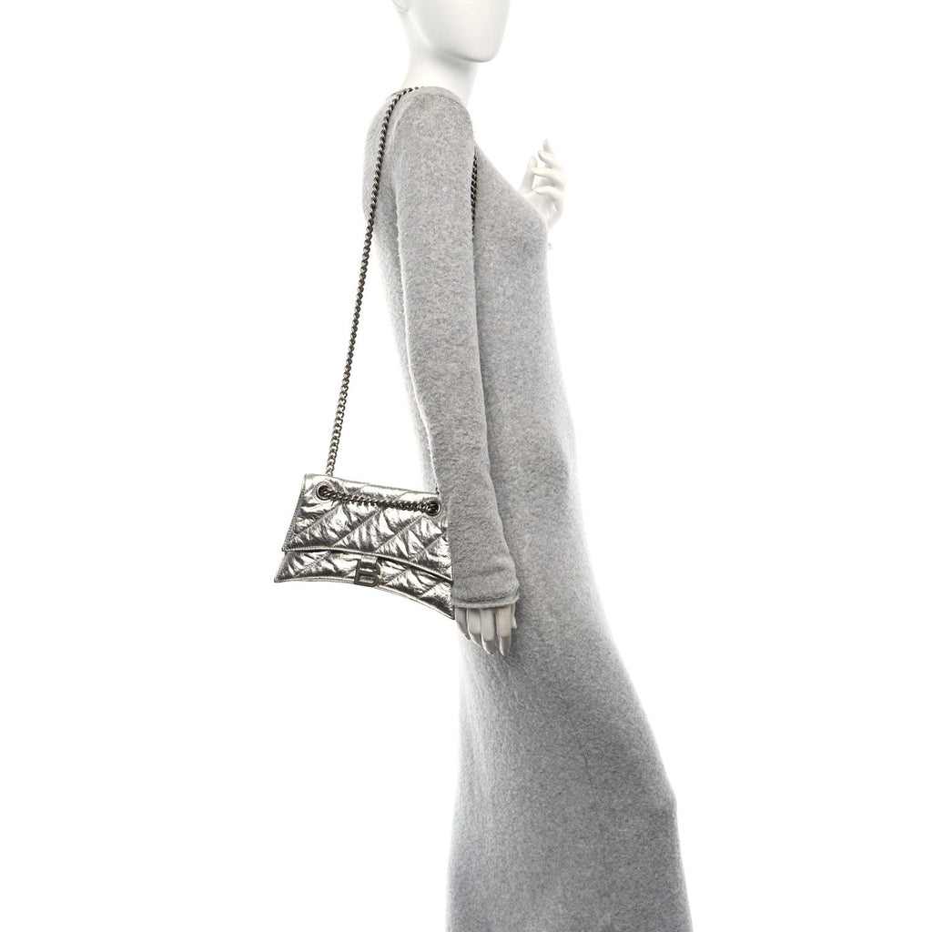 Crushed Calfskin Quilted Small Crush Chain Bag Silver