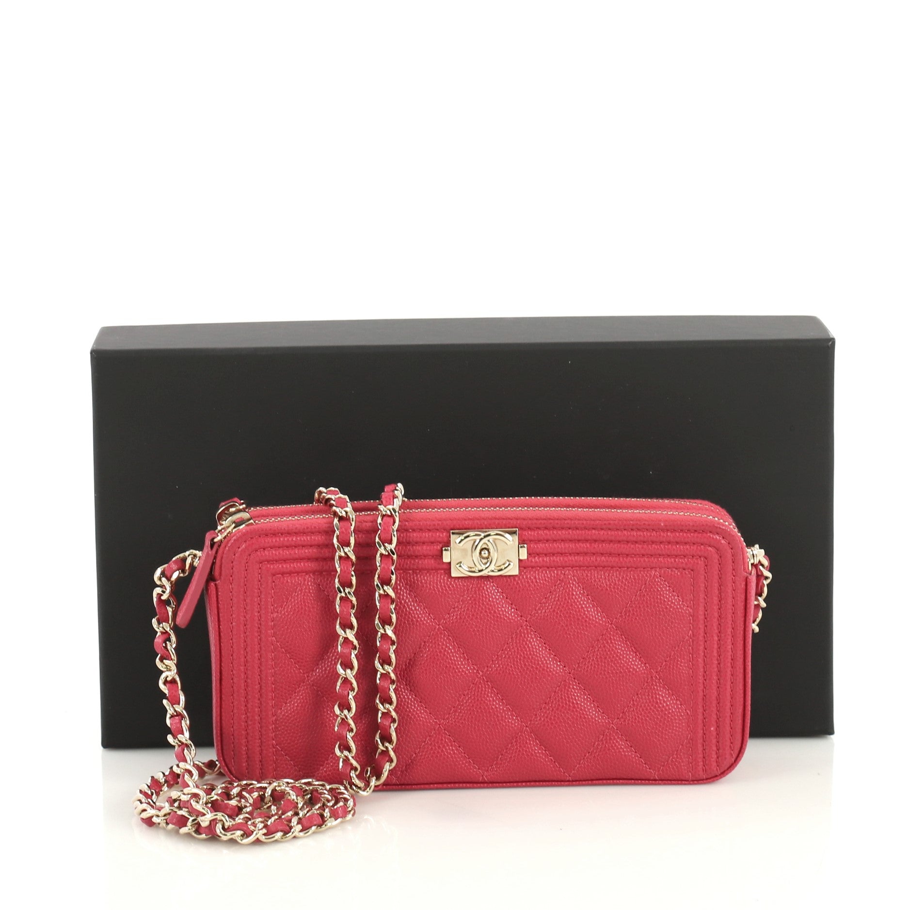 Boy Double Zip Clutch with Chain Quilted Caviar