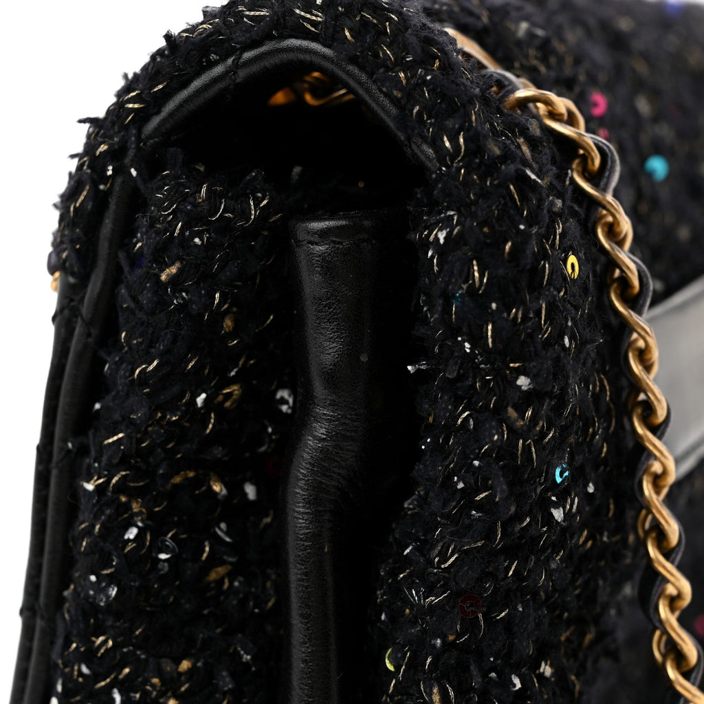 Lambskin Quilted Tweed Sequin Medium Chain Flap Bag Black Multicolor