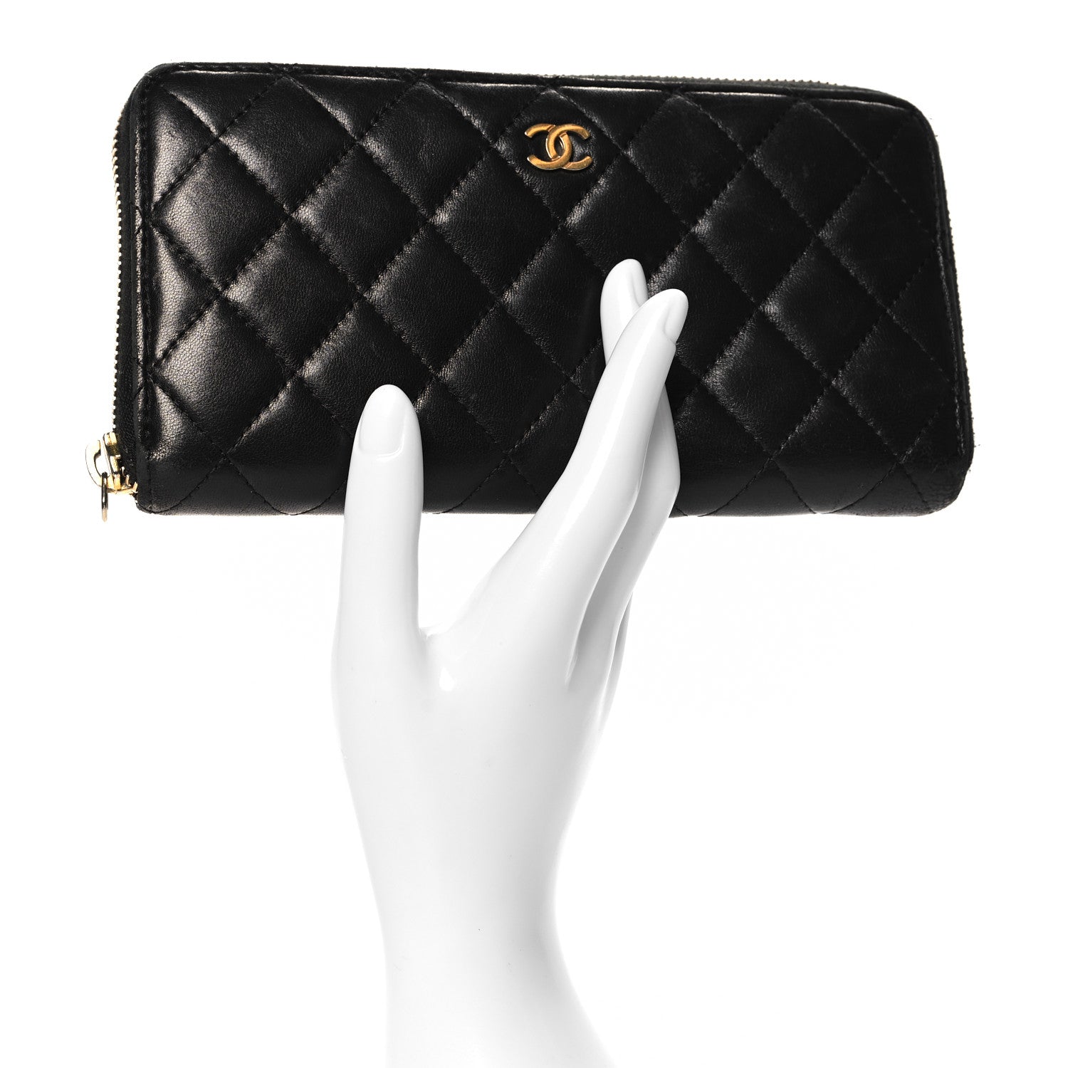 Lambskin Quilted Large Gusset Zip Around Wallet Black