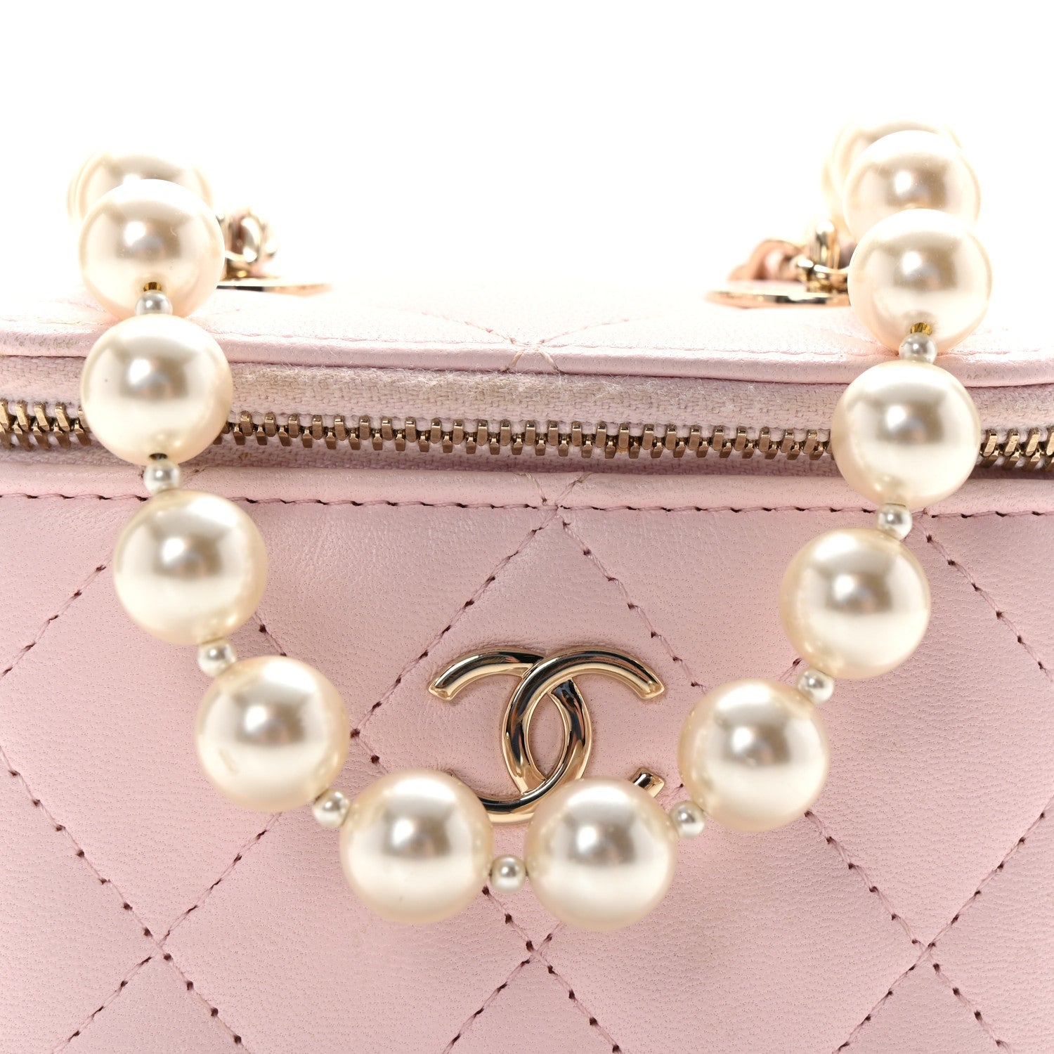 Lambskin Quilted Mini Vanity Case With Pearl Chain Light Pink