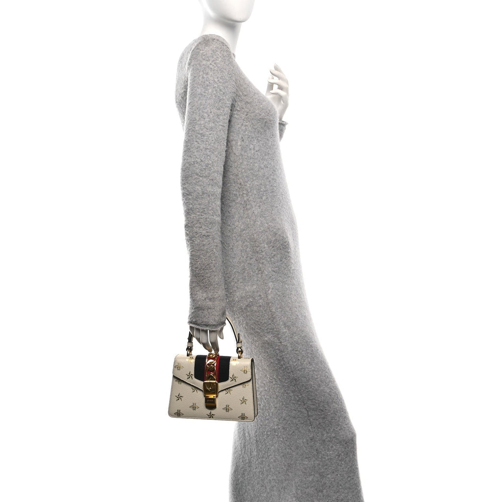 Textured Calfskin Bee Star Print Mini Sylvie Top Handle Bag Mystic White