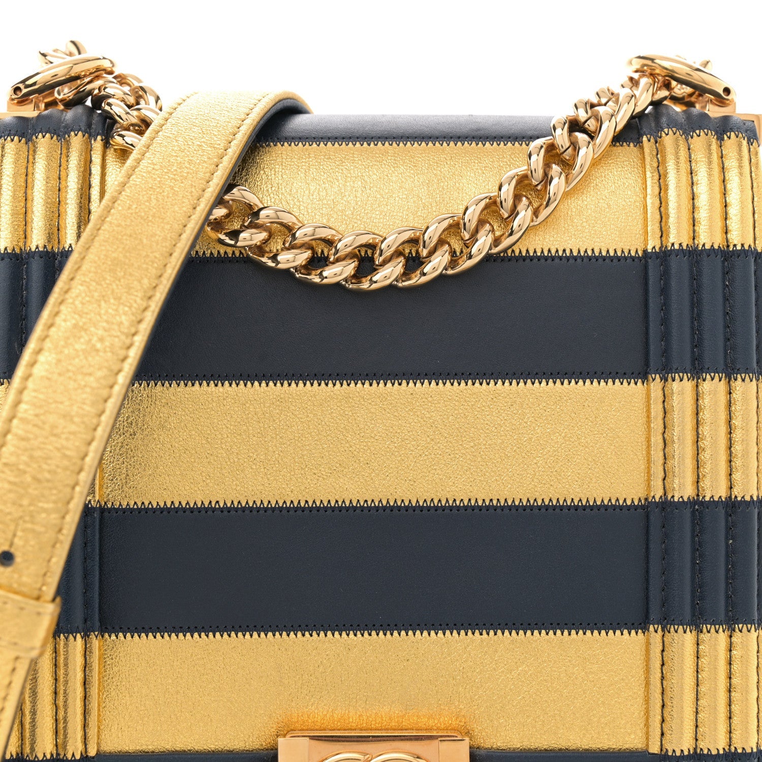 Metallic Lambskin Striped North South Boy Flap Navy Gold