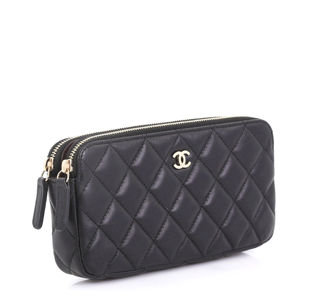 Double Zip Clutch with Chain Quilted Lambskin