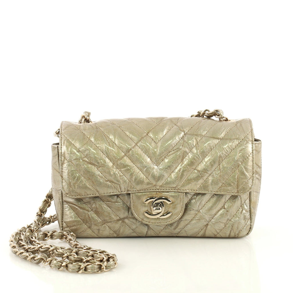 Classic Single Flap Bag Chevron Crumpled Metallic Patent Mini
