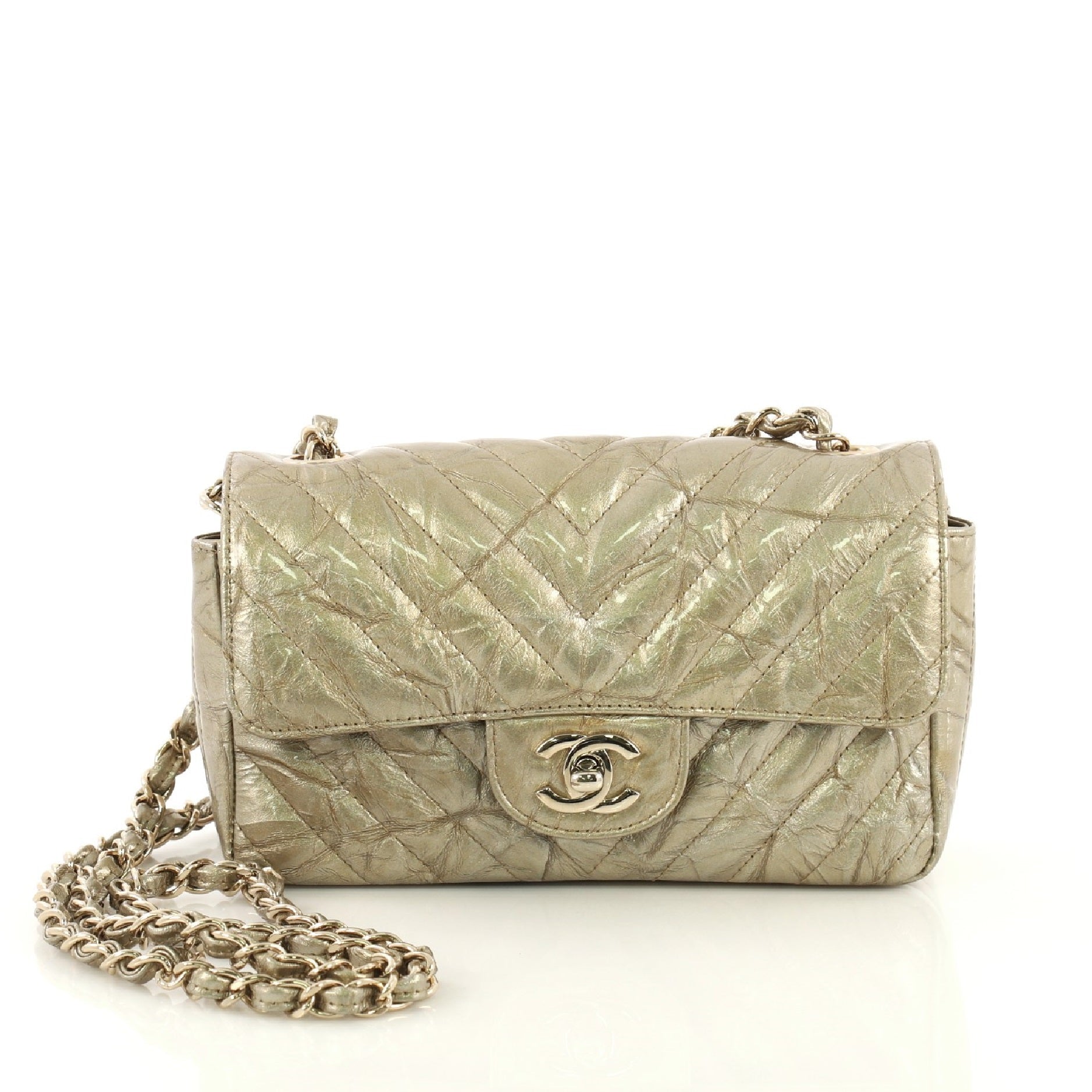 Classic Single Flap Bag Chevron Crumpled Metallic Patent Mini