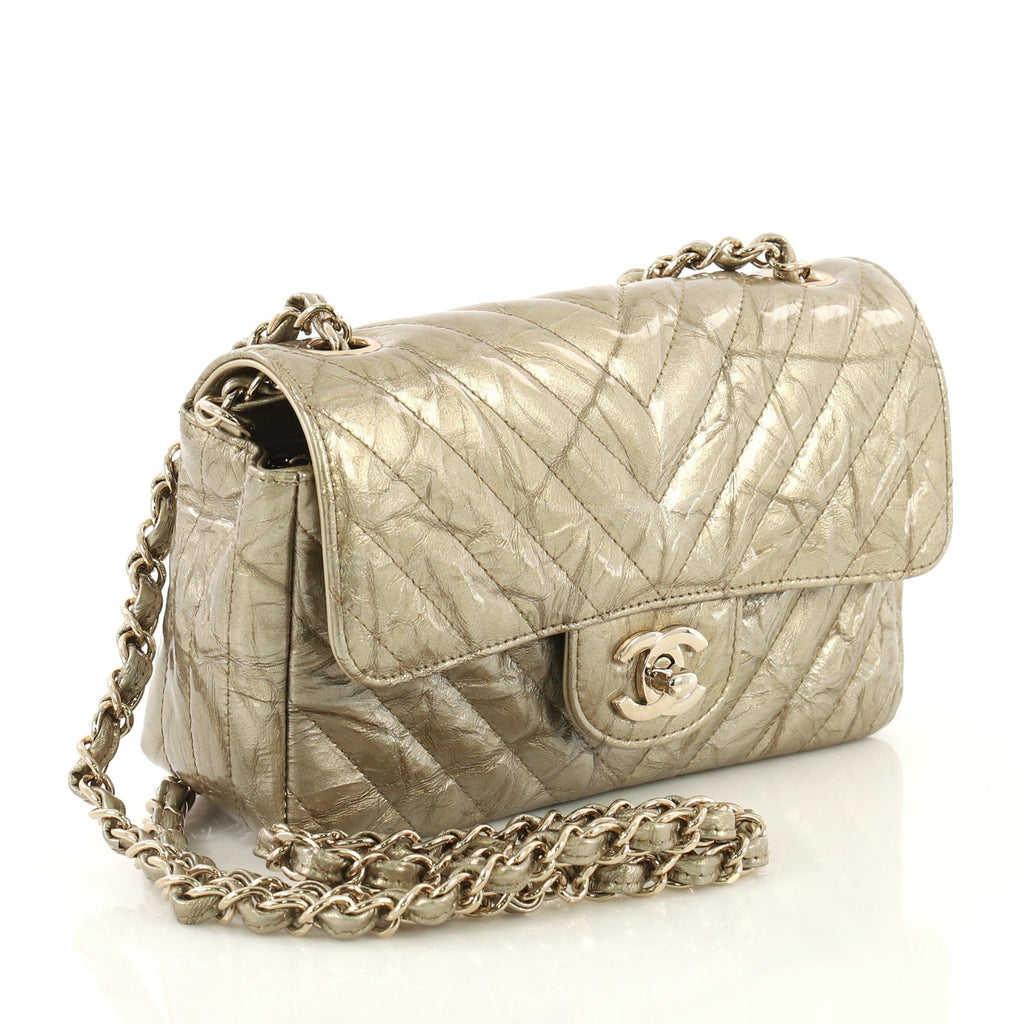 Classic Single Flap Bag Chevron Crumpled Metallic Patent Mini