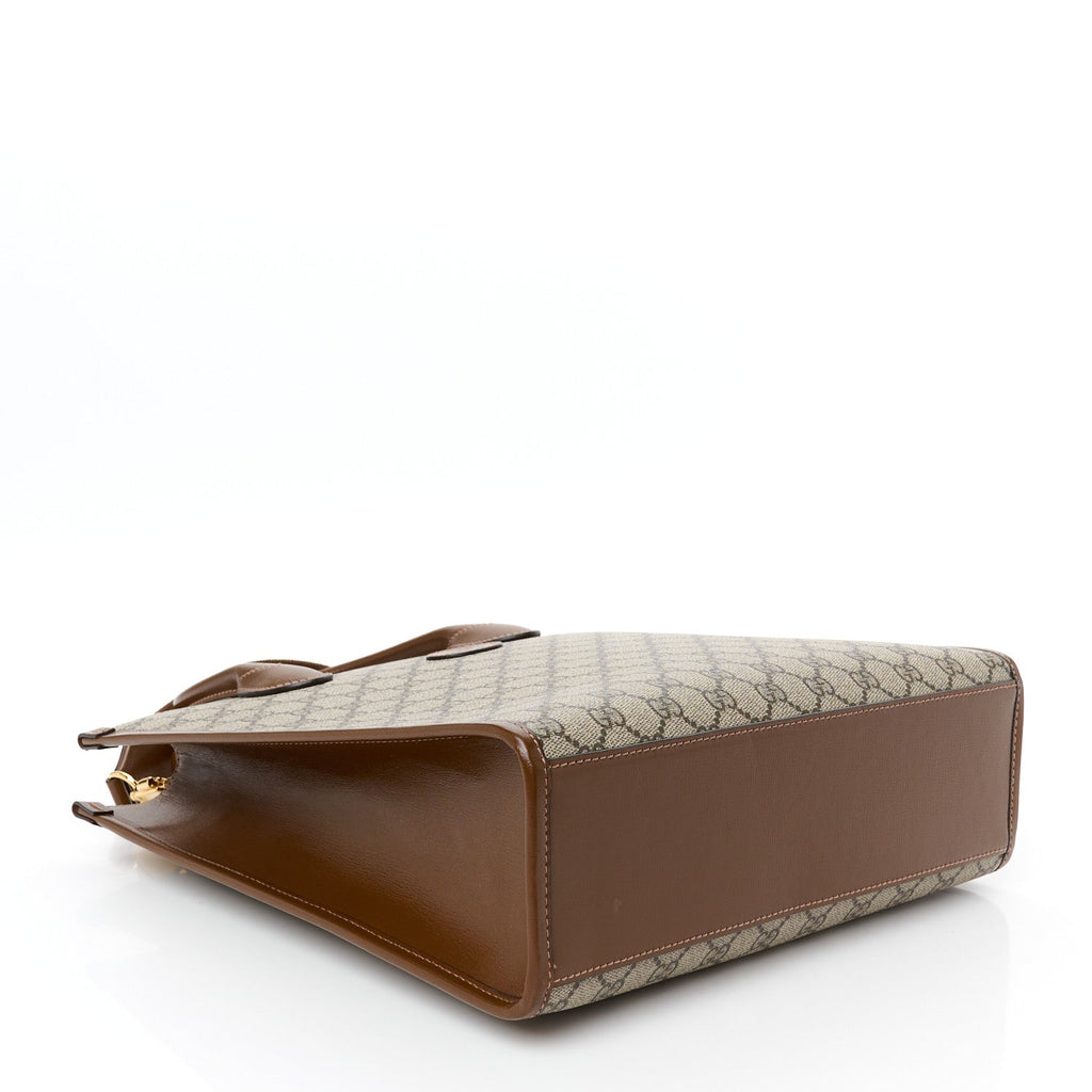 GG Supreme Monogram Textured Dollar Calfskin Web Retro Interlocking G Vertical Tote Bag Beige Ebony Brown Sugar