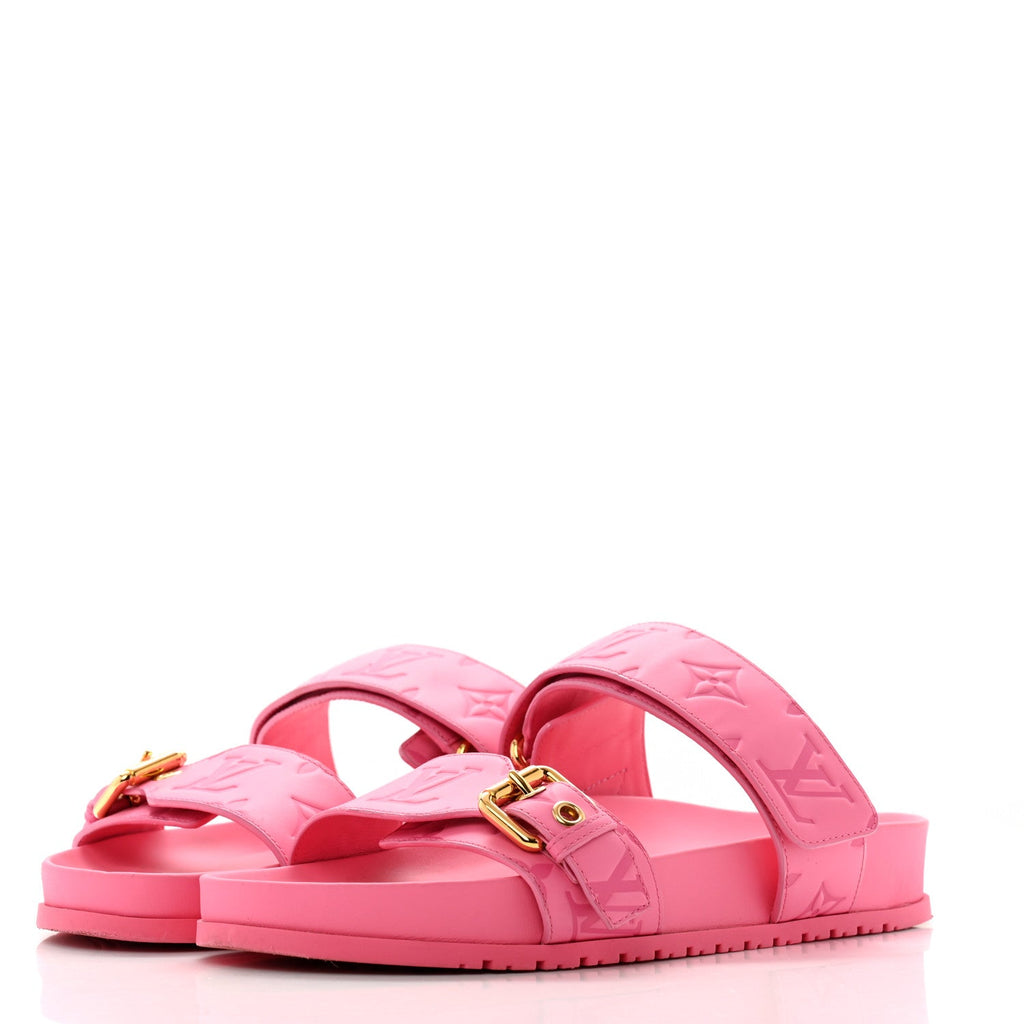 Calfskin Monogram Embossed Bom Dia Flat Mule Sandals 38 Pink