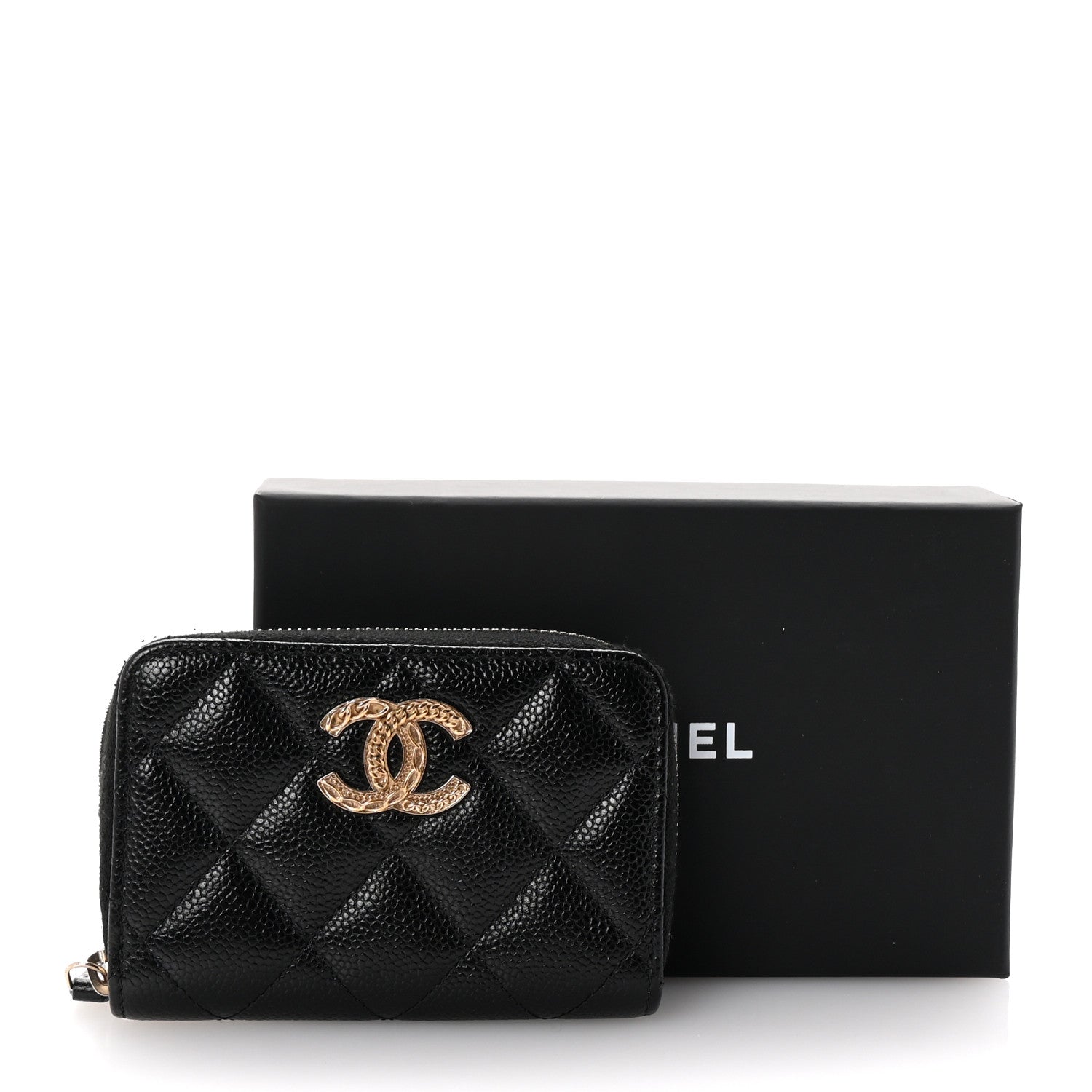Caviar Quilted Multi Chain CC Zip Coin Purse Black