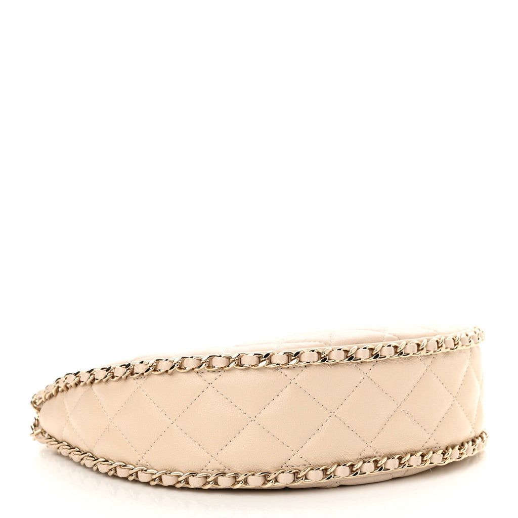 Lambskin Quilted Small Hobo Bag Light Beige