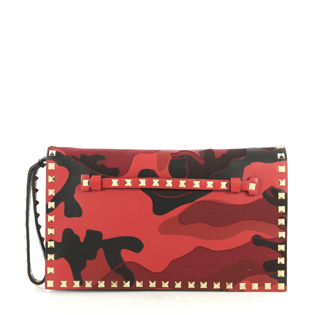 Rockstud Flap Clutch Camo Leather and Canvas