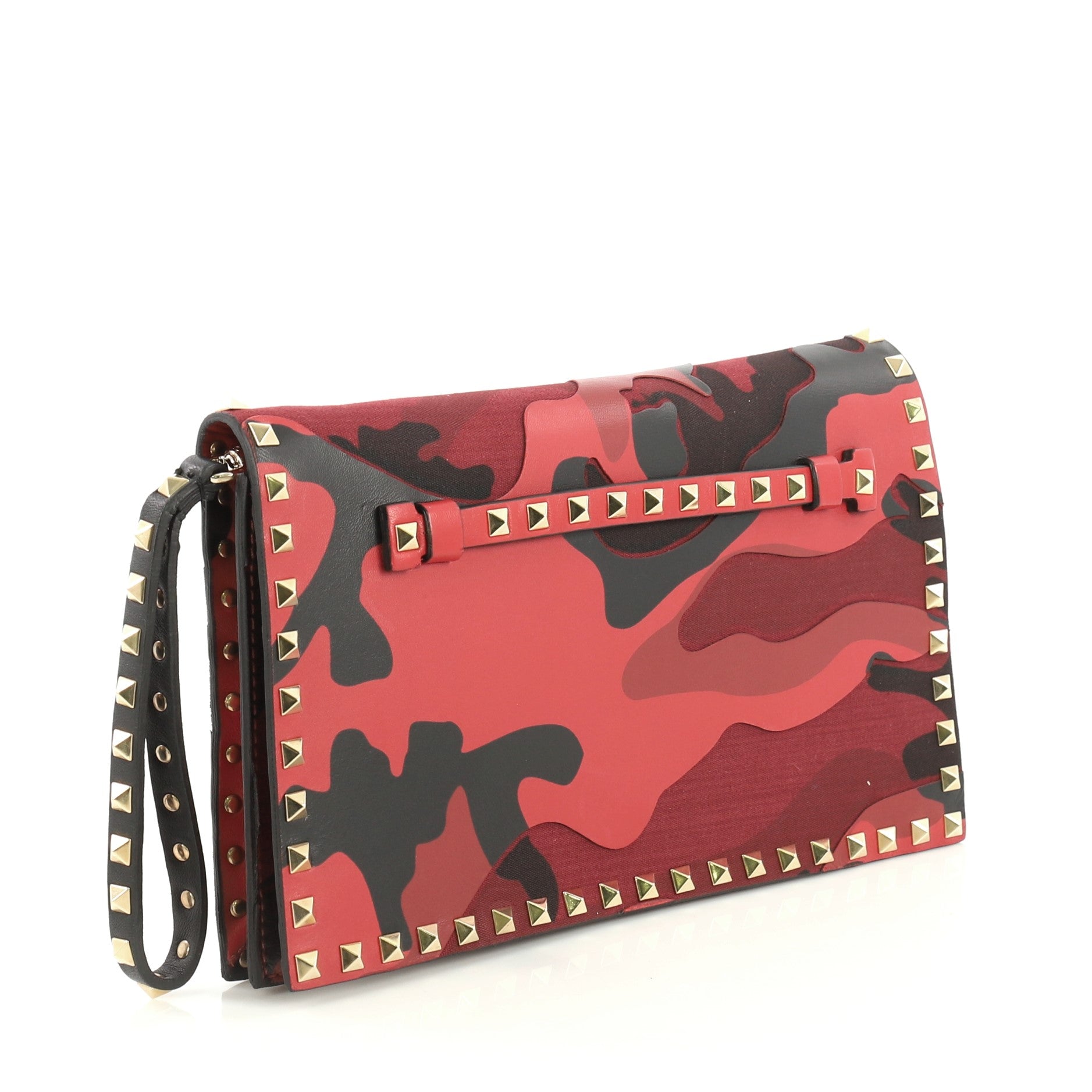 Rockstud Flap Clutch Camo Leather and Canvas