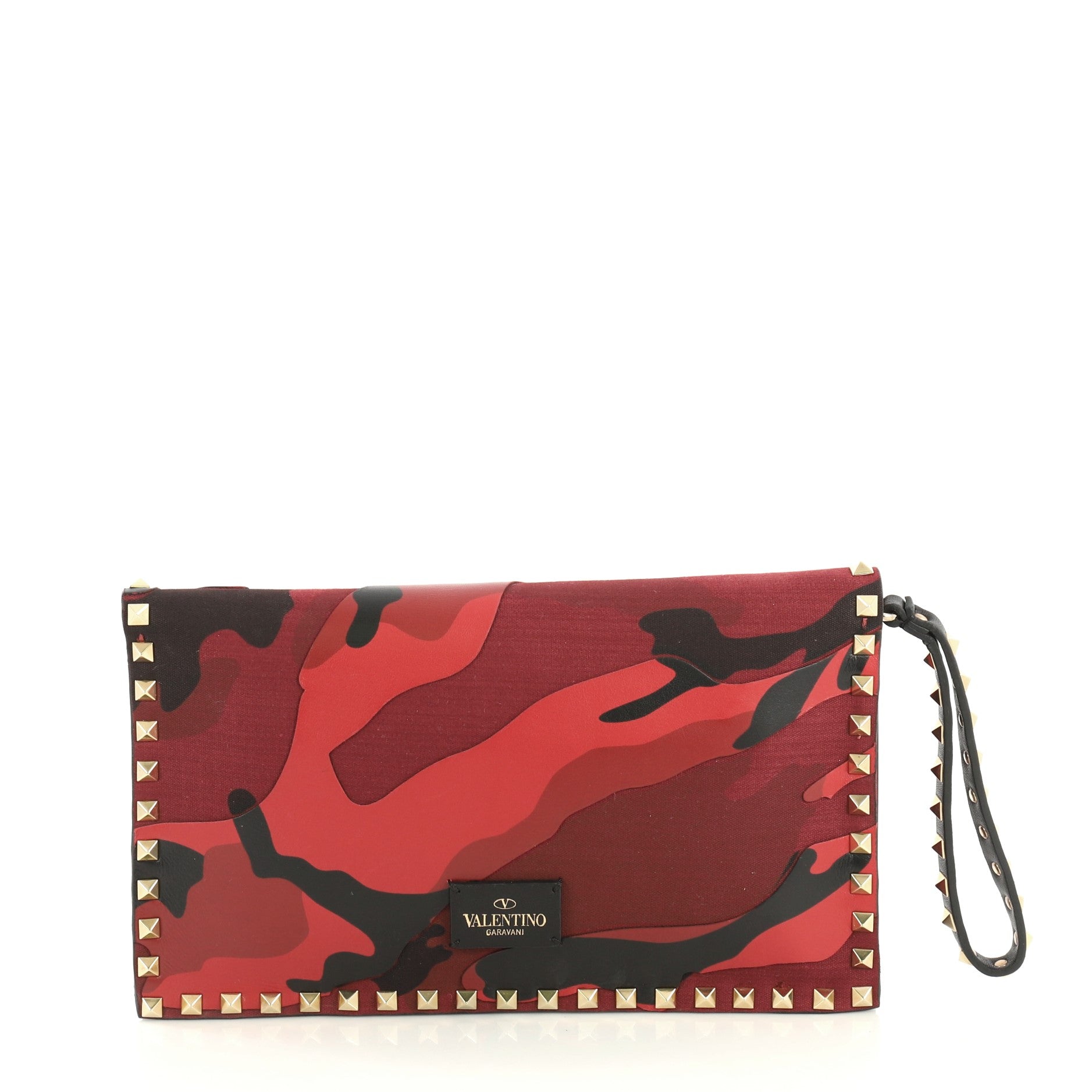 Rockstud Flap Clutch Camo Leather and Canvas