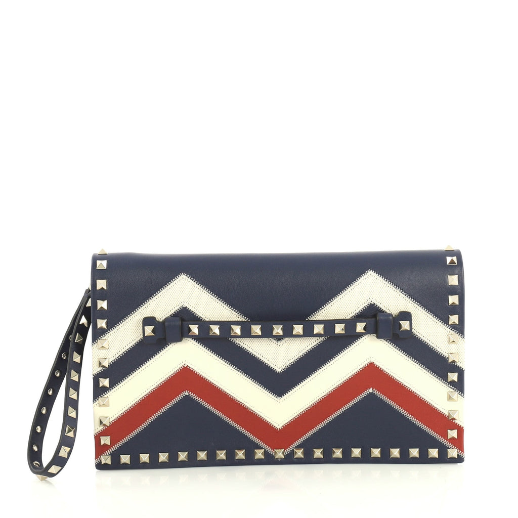 Rockstud Flap Clutch Chevron Leather and Canvas