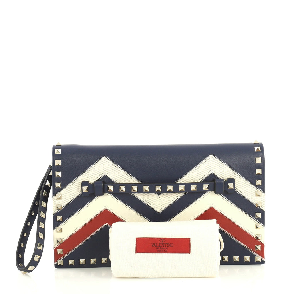 Rockstud Flap Clutch Chevron Leather and Canvas