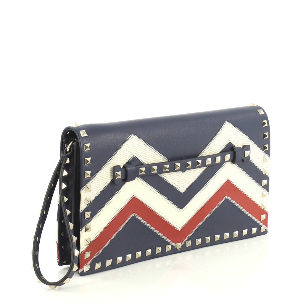 Rockstud Flap Clutch Chevron Leather and Canvas