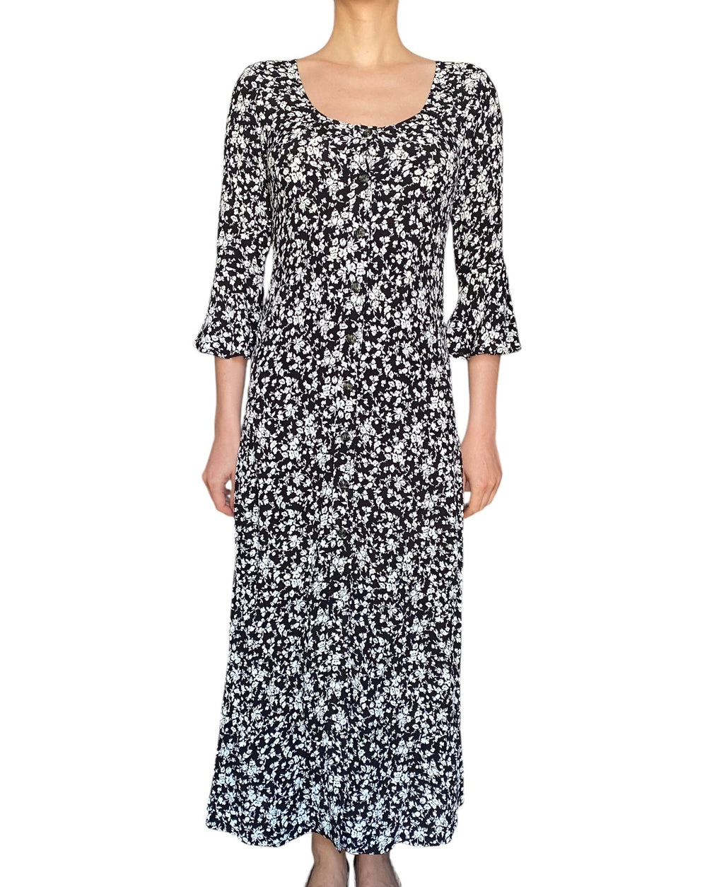 Ganni Black Floral Printed Longsleeve Maxi Dress - 34 / US 2