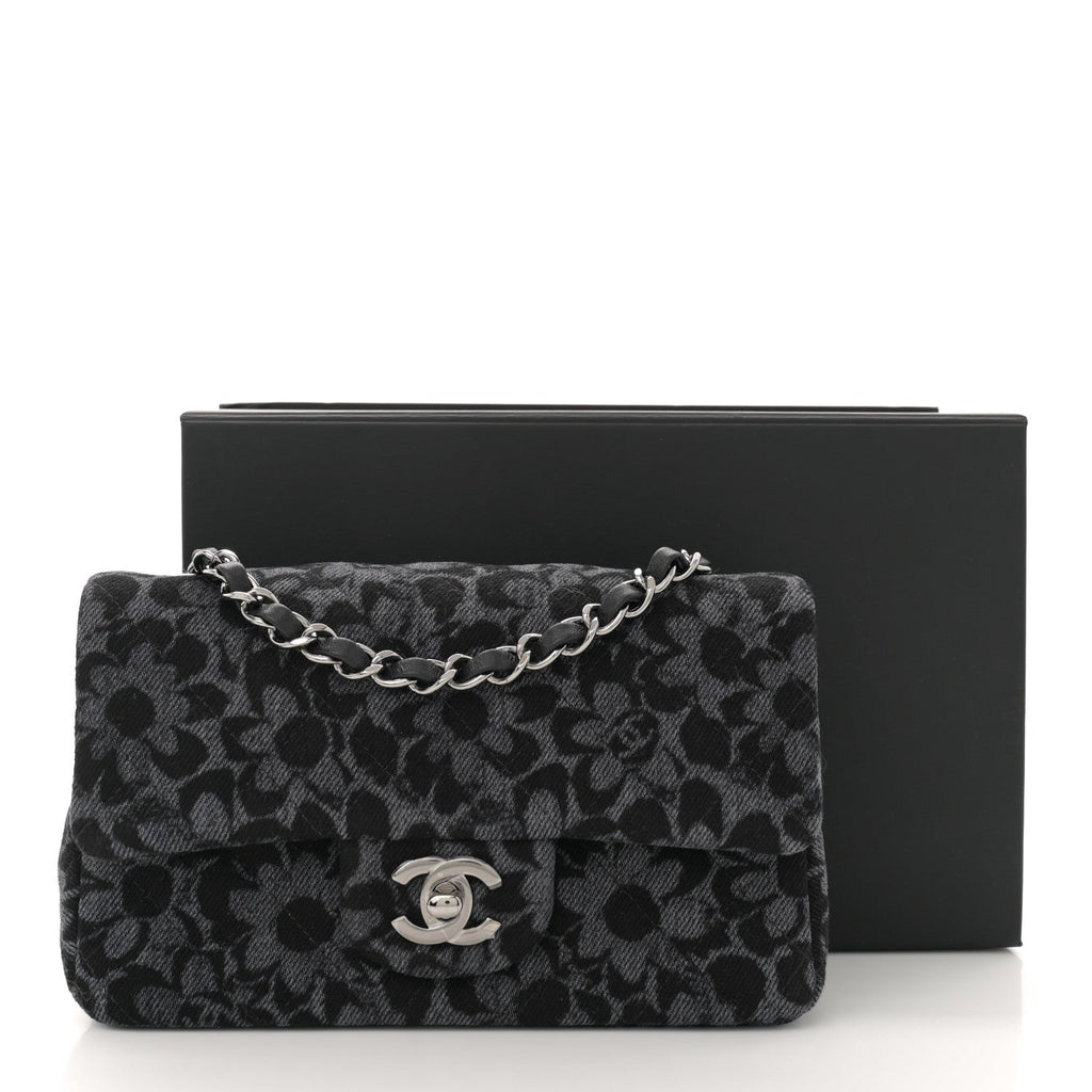 Printed Denim Quilted Flower Mini Rectangular Flap Black