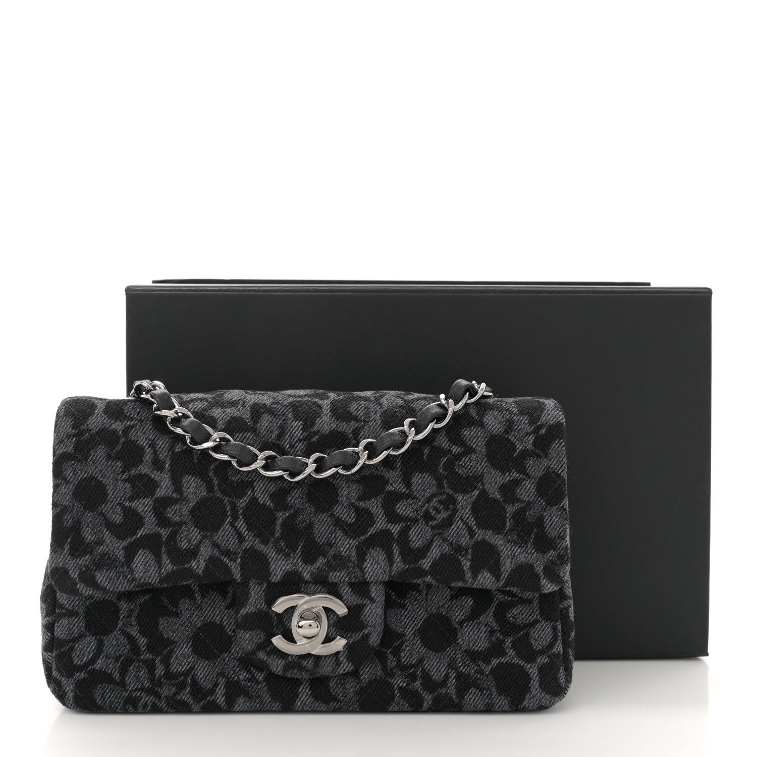 Printed Denim Quilted Flower Mini Rectangular Flap Black