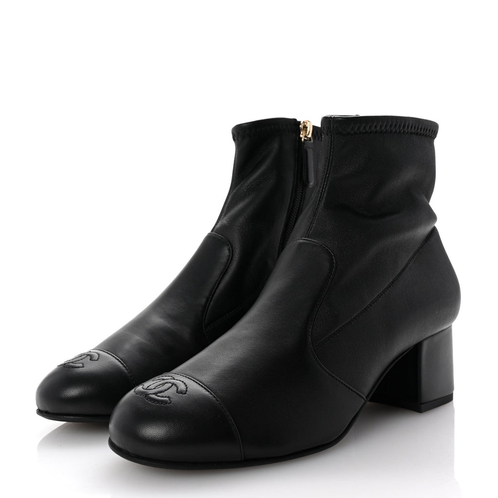 Stretch Lambskin Cap Toe CC Short Boots 37.5 Black