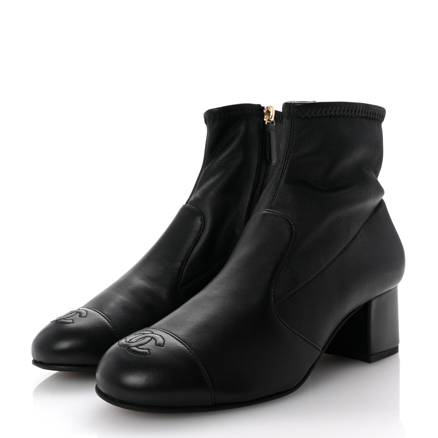 Stretch Lambskin Cap Toe CC Short Boots 37.5 Black