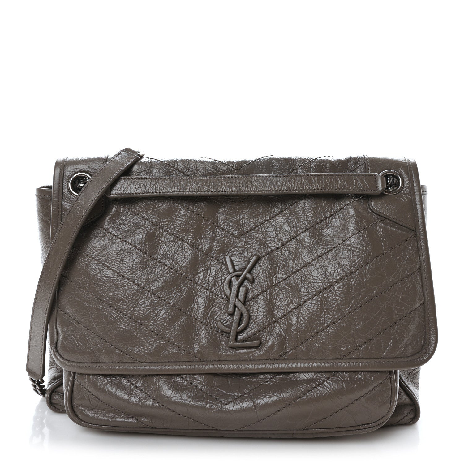 Crinkled Calfskin Matelasse Monogram Large Niki Chain Satchel Fog
