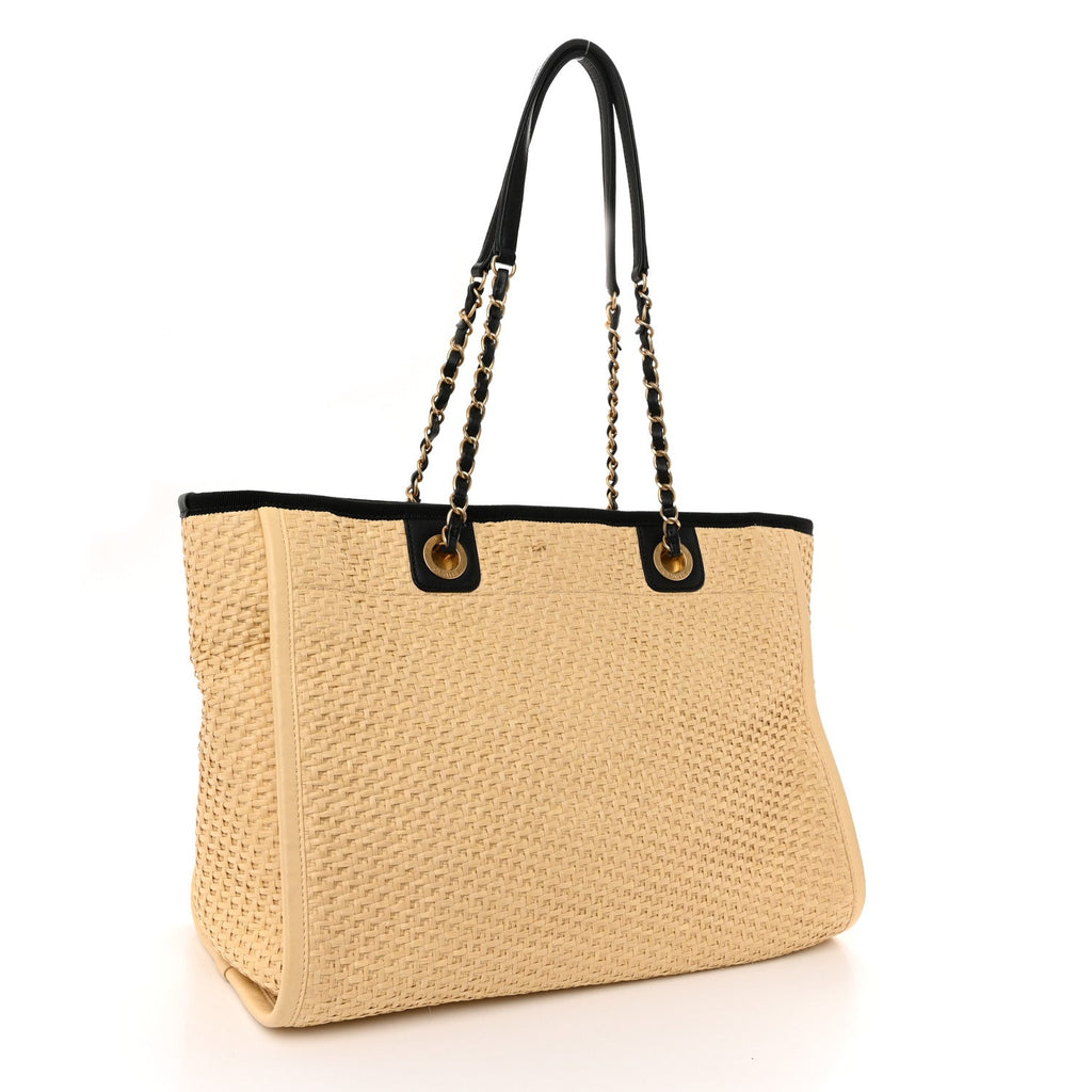 Straw Raffia Calfskin Chain Small Deauville Tote Beige Black