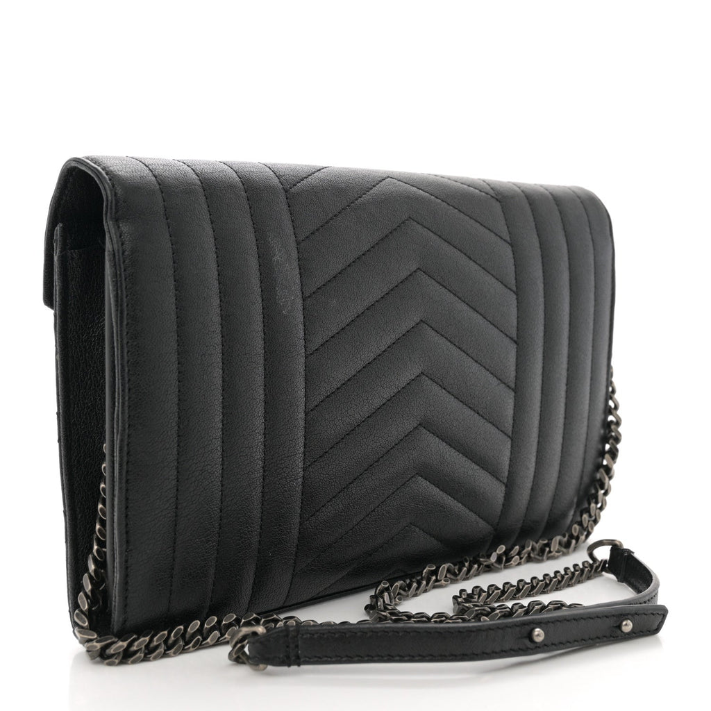 Sheepskin Tri-Quilt Monogram Envelope Chain Wallet Black