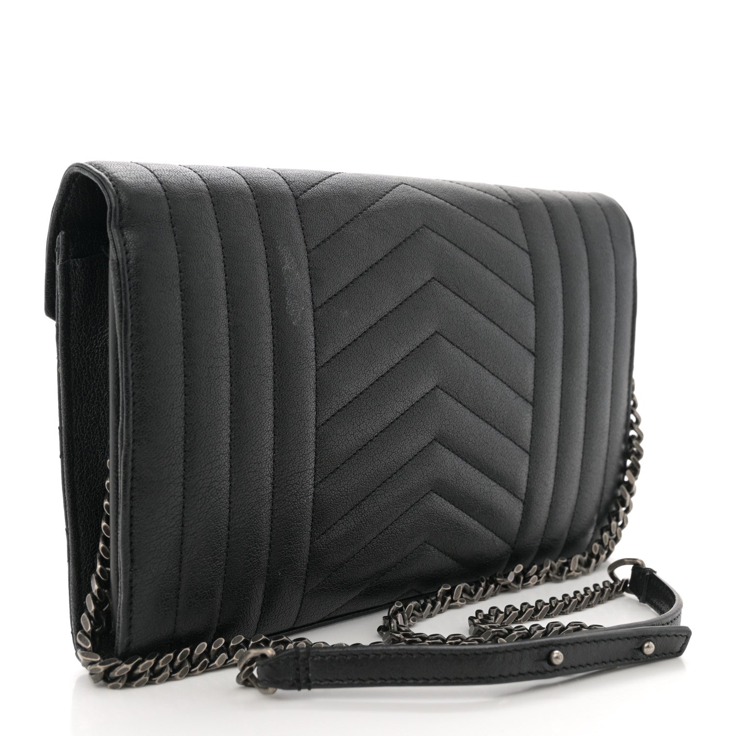 Sheepskin Tri-Quilt Monogram Envelope Chain Wallet Black