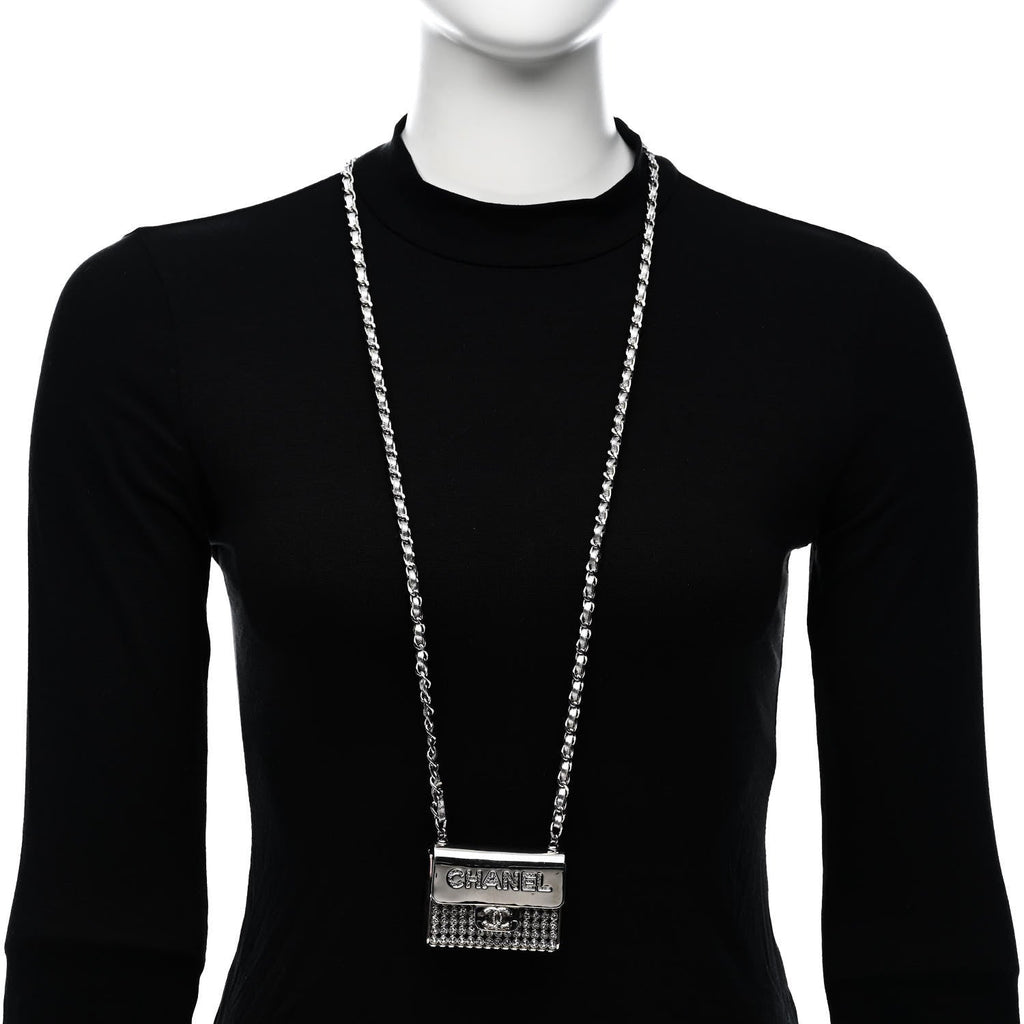 Metal Lambskin Strass Crystal Purse CC Long Necklace Silver