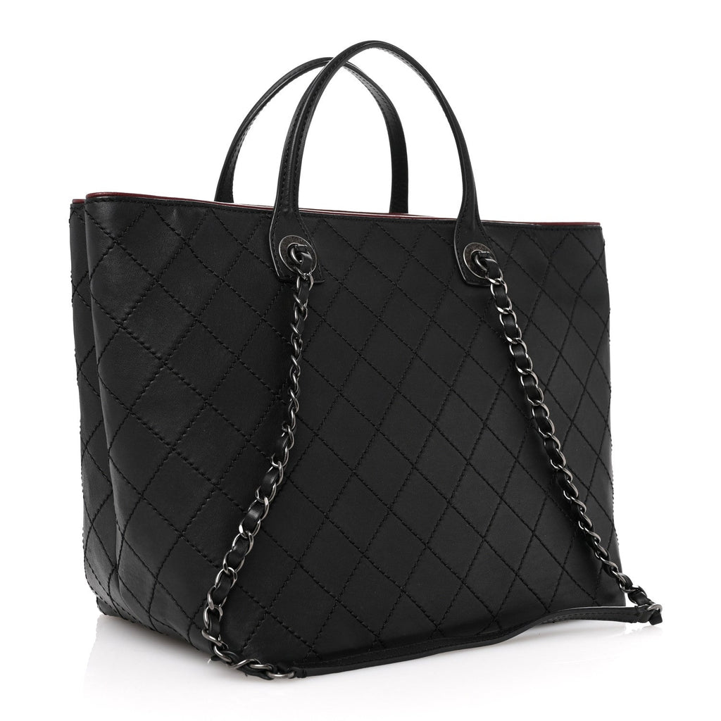 Calfskin Stitched Medium Shopping Tote Black