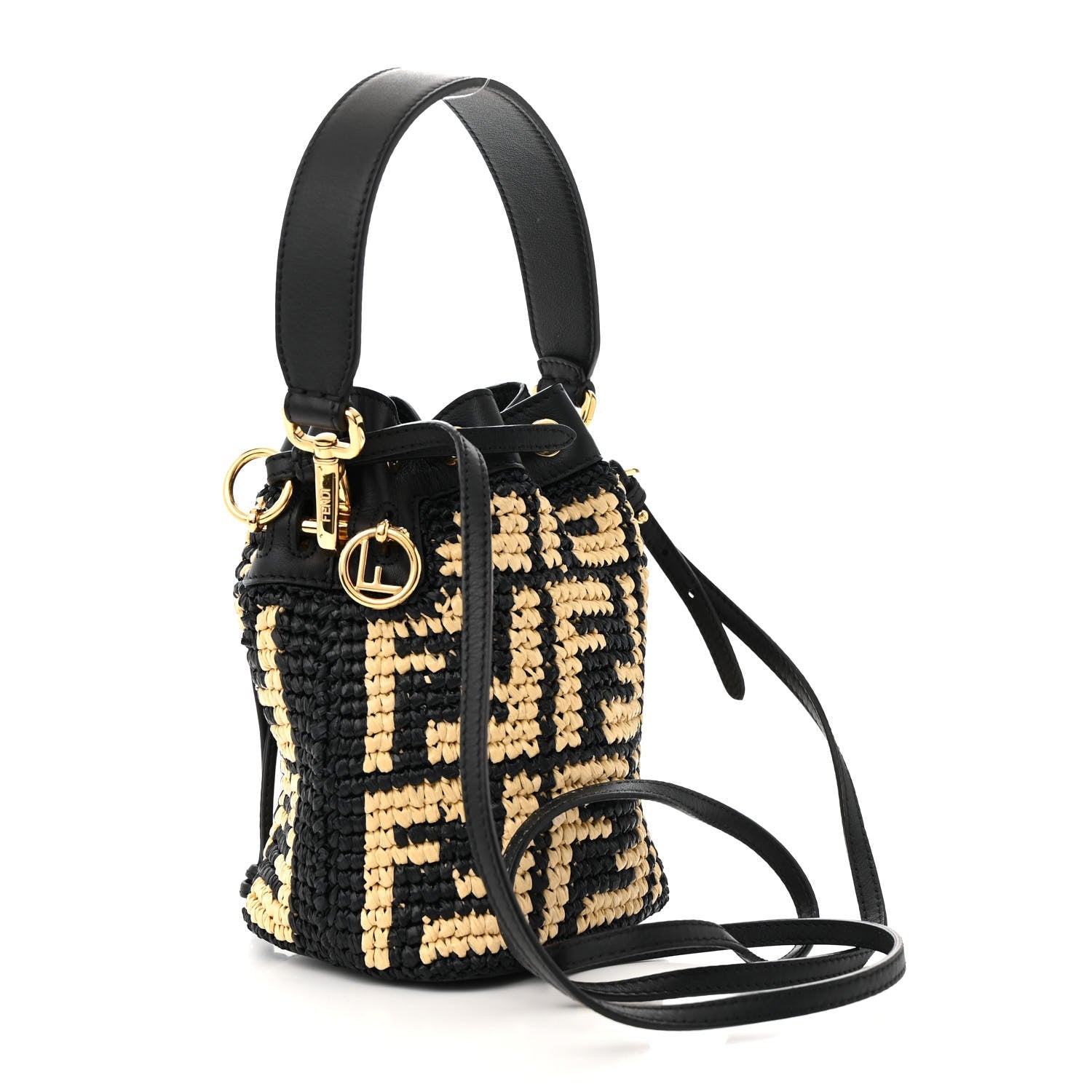 Raffia Vitello Seta F is Fendi FF Woven Mini Mon Tresor Bucket Bag Black Natural