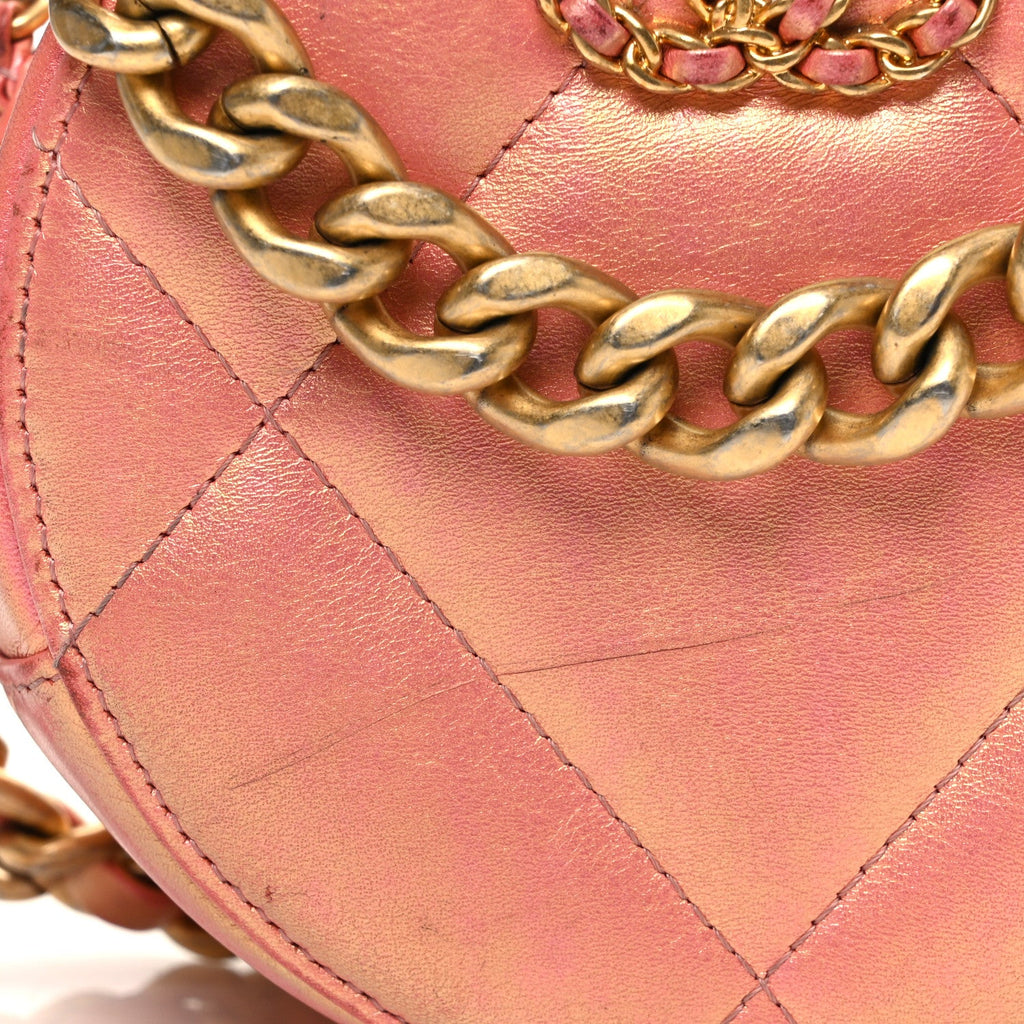 Iridescent Calfskin Quilted Chanel 19 Round Clutch With Chain Pink