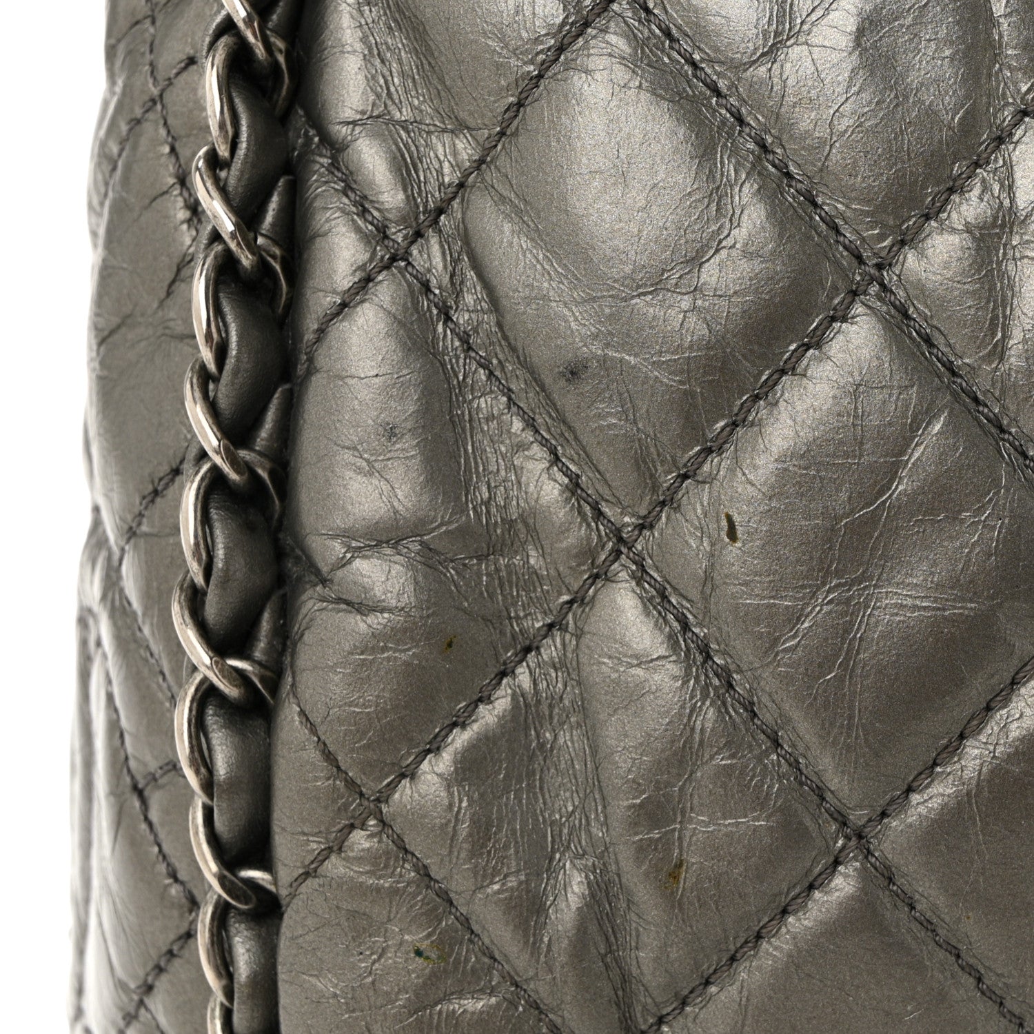 Metallic Calfskin Quilted Medium Chain Me Hobo Dark Silver