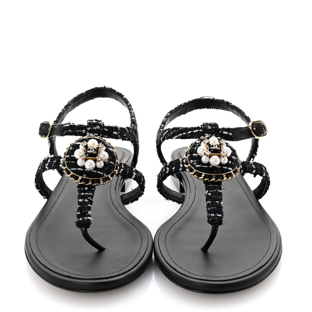 Cotton Tweed CC Charm Thong Sandals 39 Black White