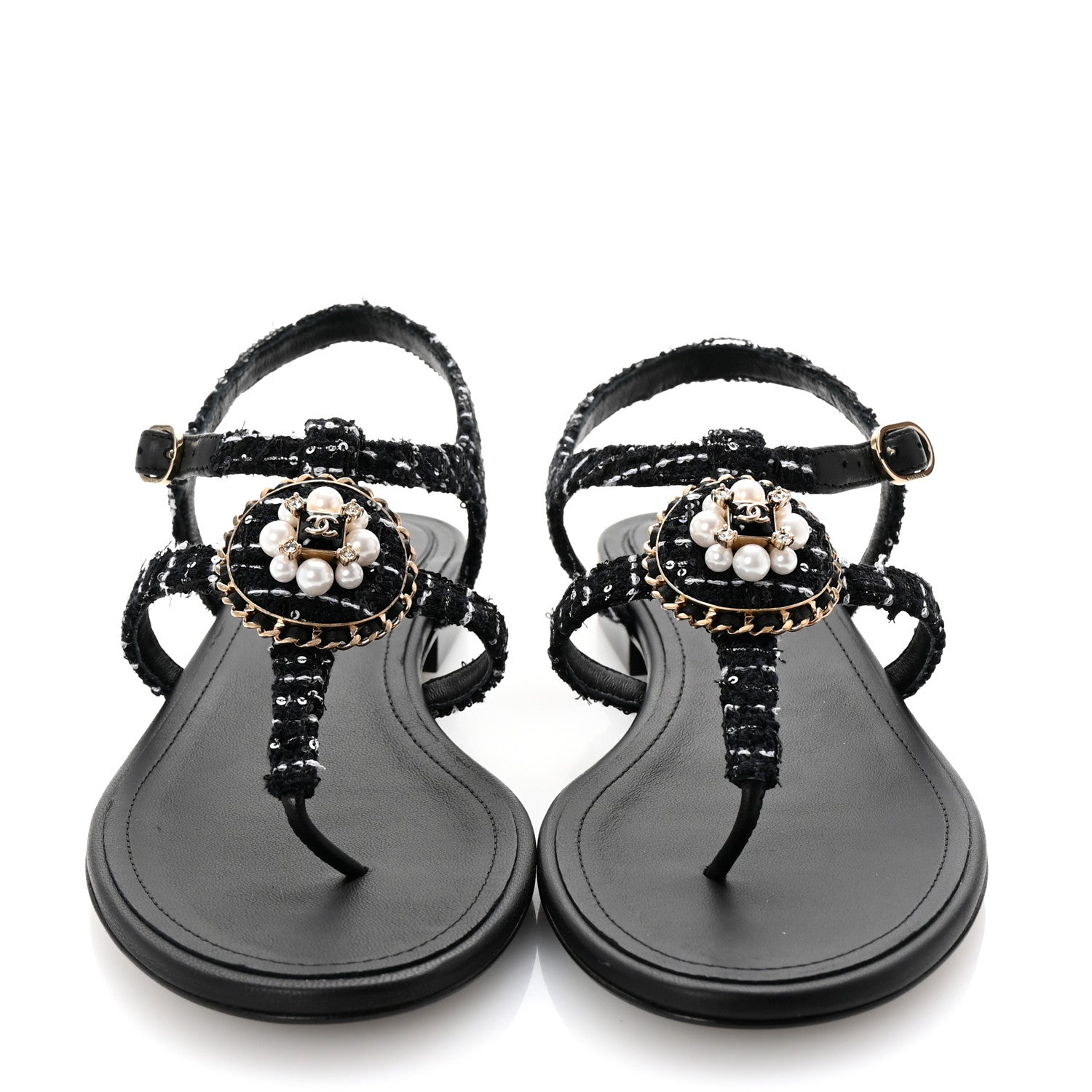 Cotton Tweed CC Charm Thong Sandals 39 Black White