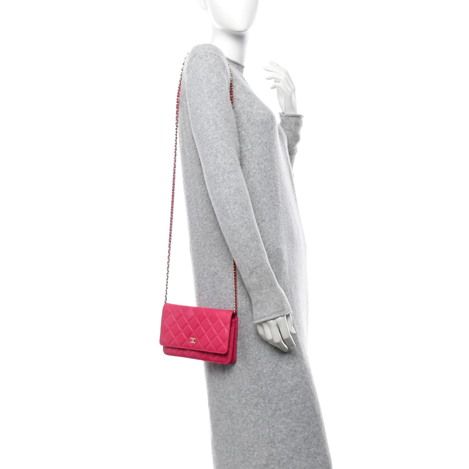 Lambskin Quilted Wallet on Chain WOC Fuchsia