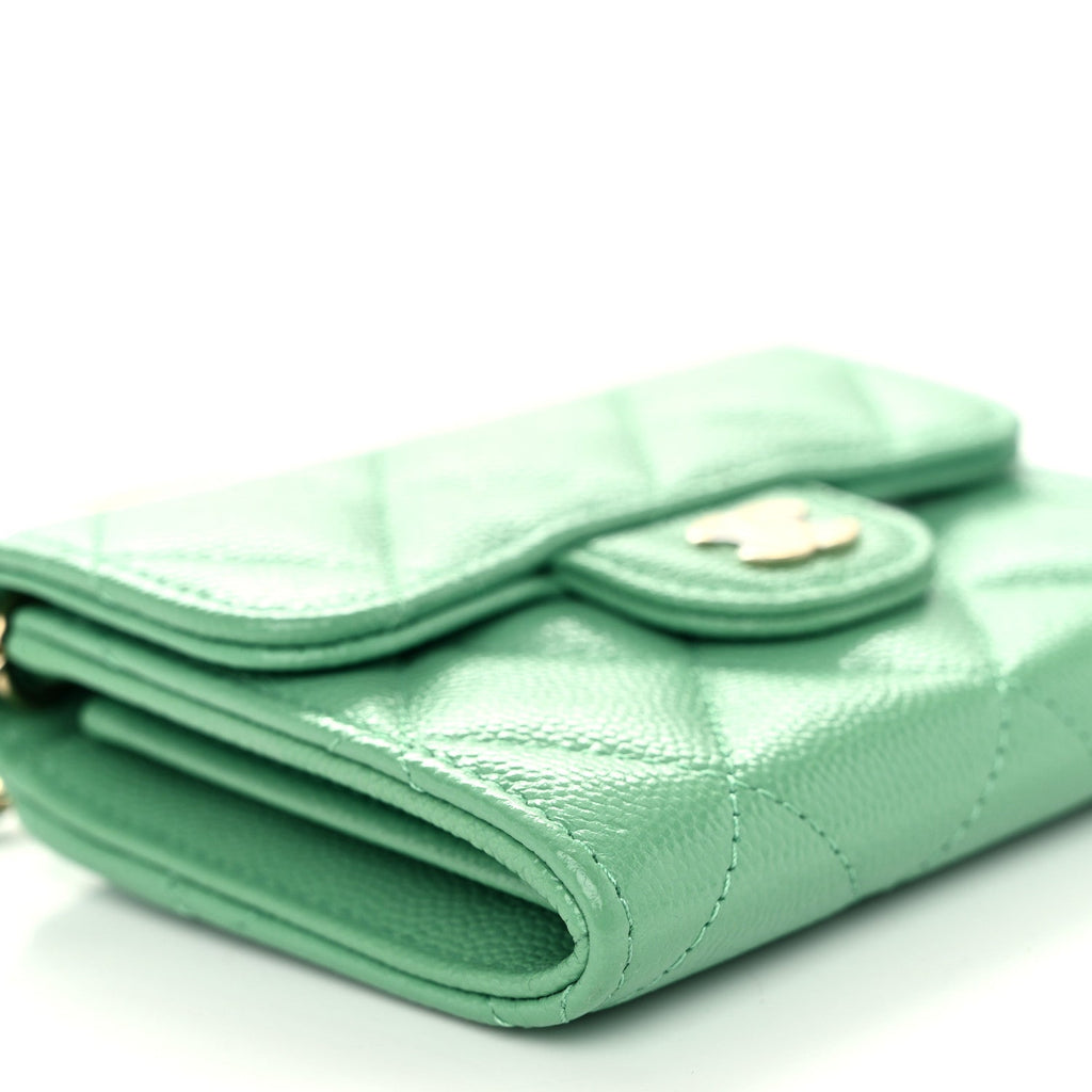 Caviar Quilted Flap  Holder On Chain Light Green