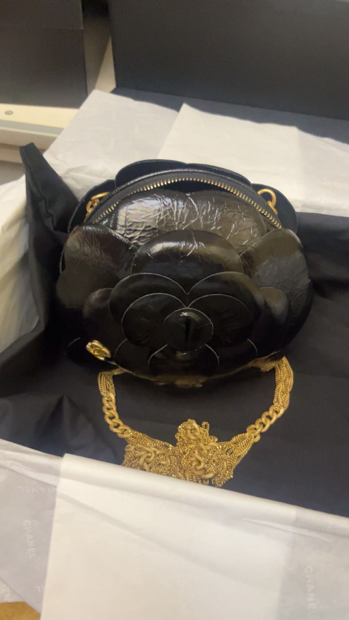 Chanel 23K Black Gold Camelia evening bag