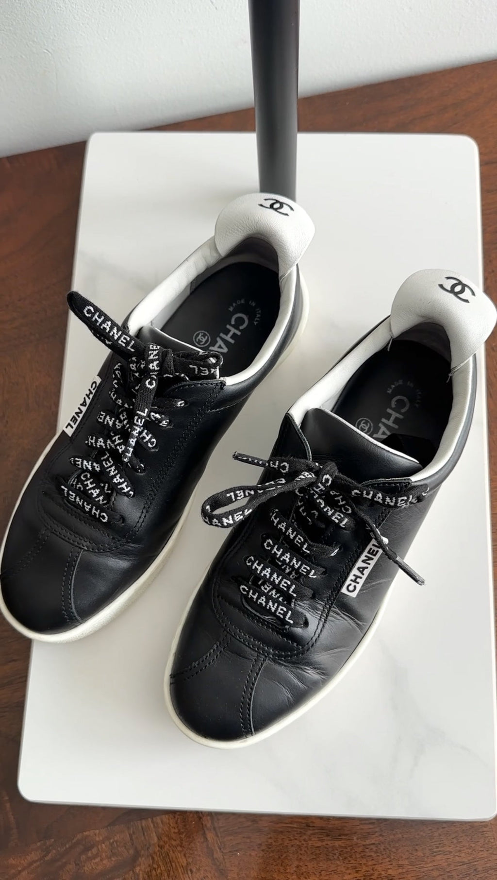 Chanel Black Leather and White Logo Court Sneakers - 36